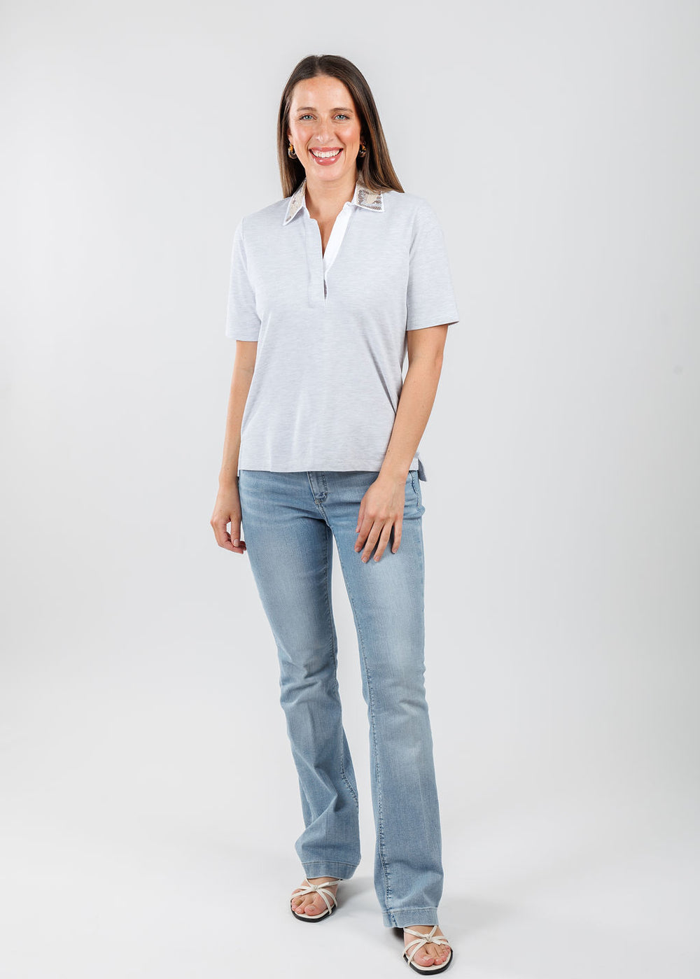 Margittes Sequin Collar Short Sleeve Polo in Silver Melange available at Barbara Katz