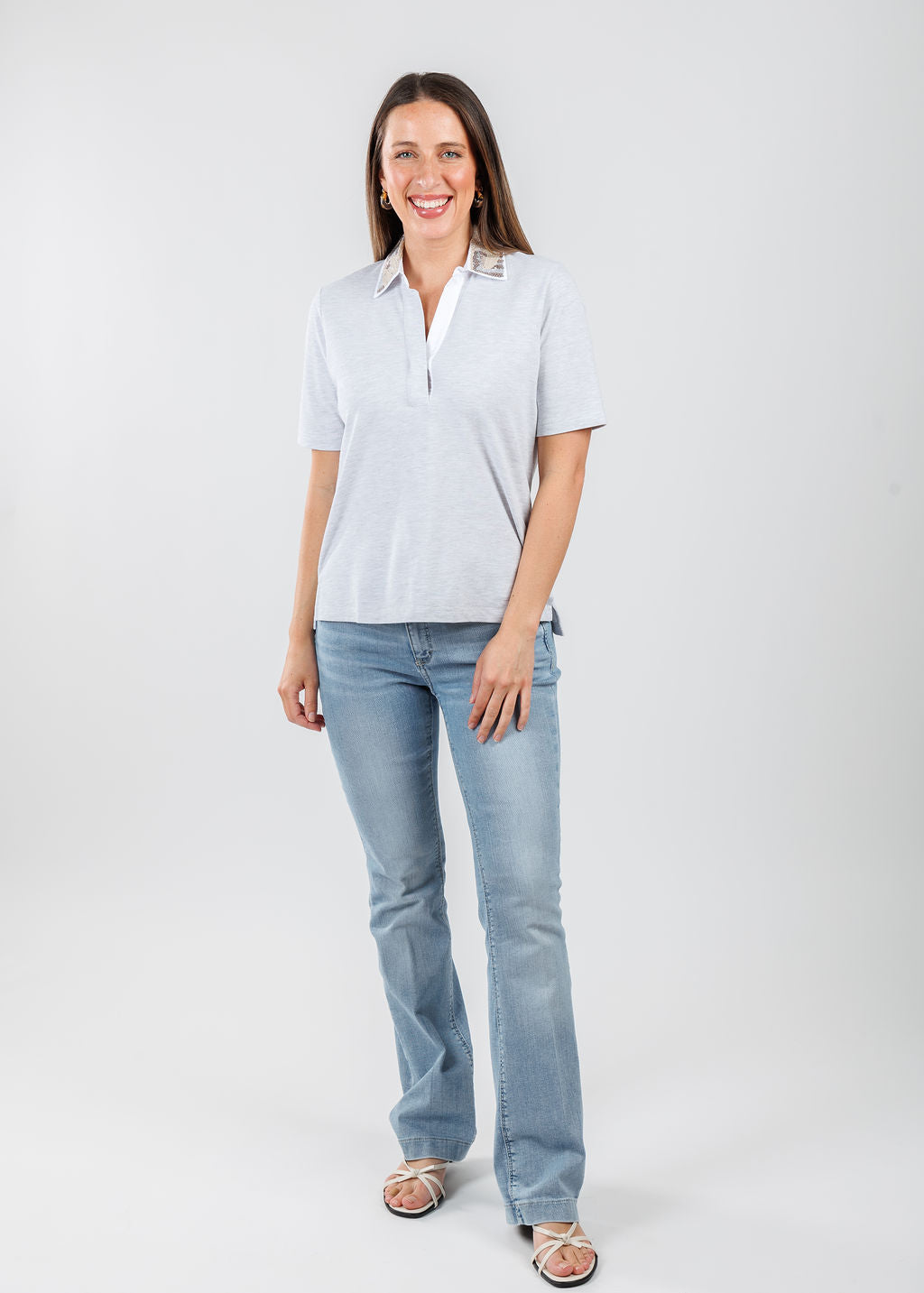 Margittes Sequin Collar Short Sleeve Polo in Silver Melange available at Barbara Katz
