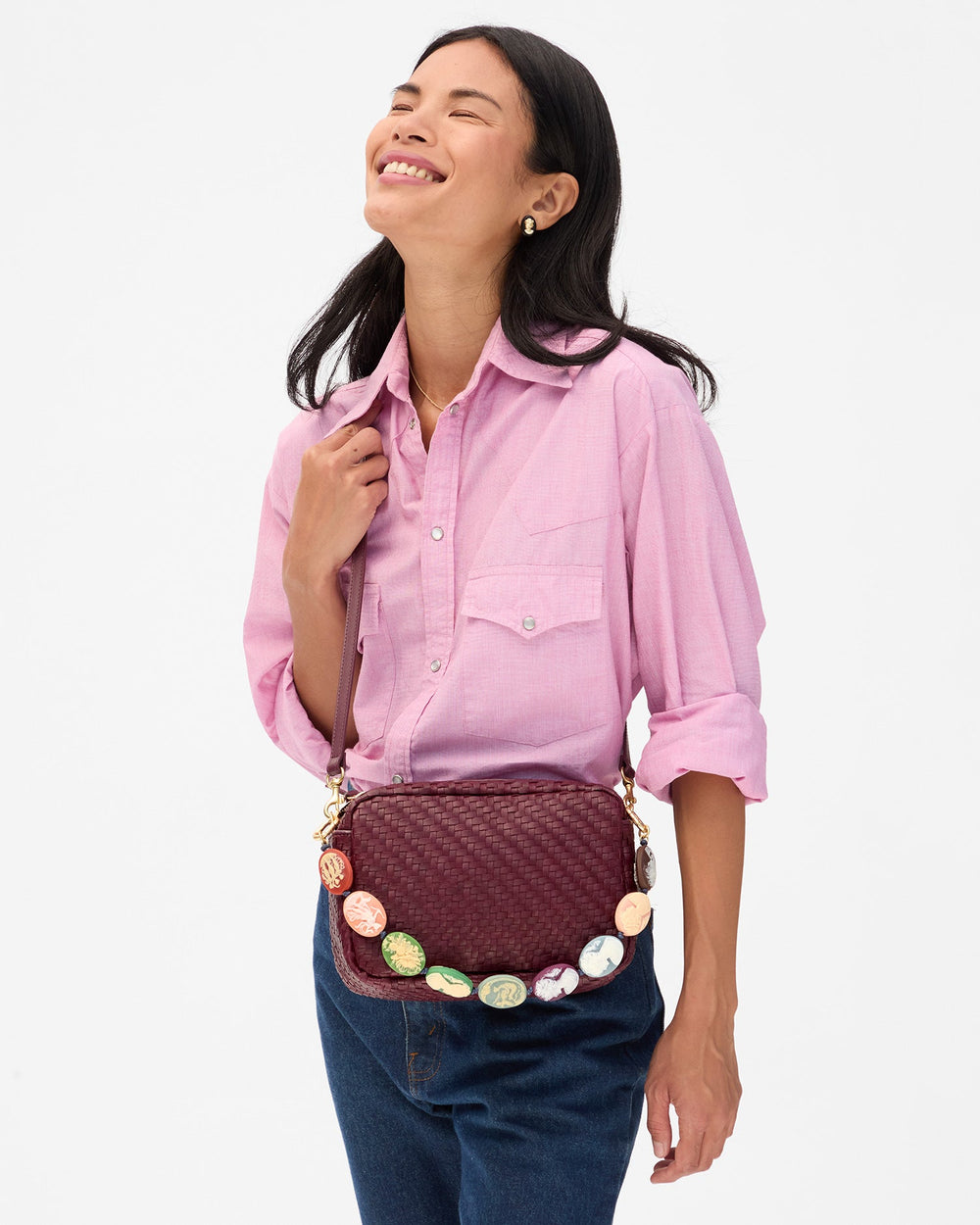 Care V Marisol Crossbody Bag in Cassis Woven Zig Zag available at Barbara Katz