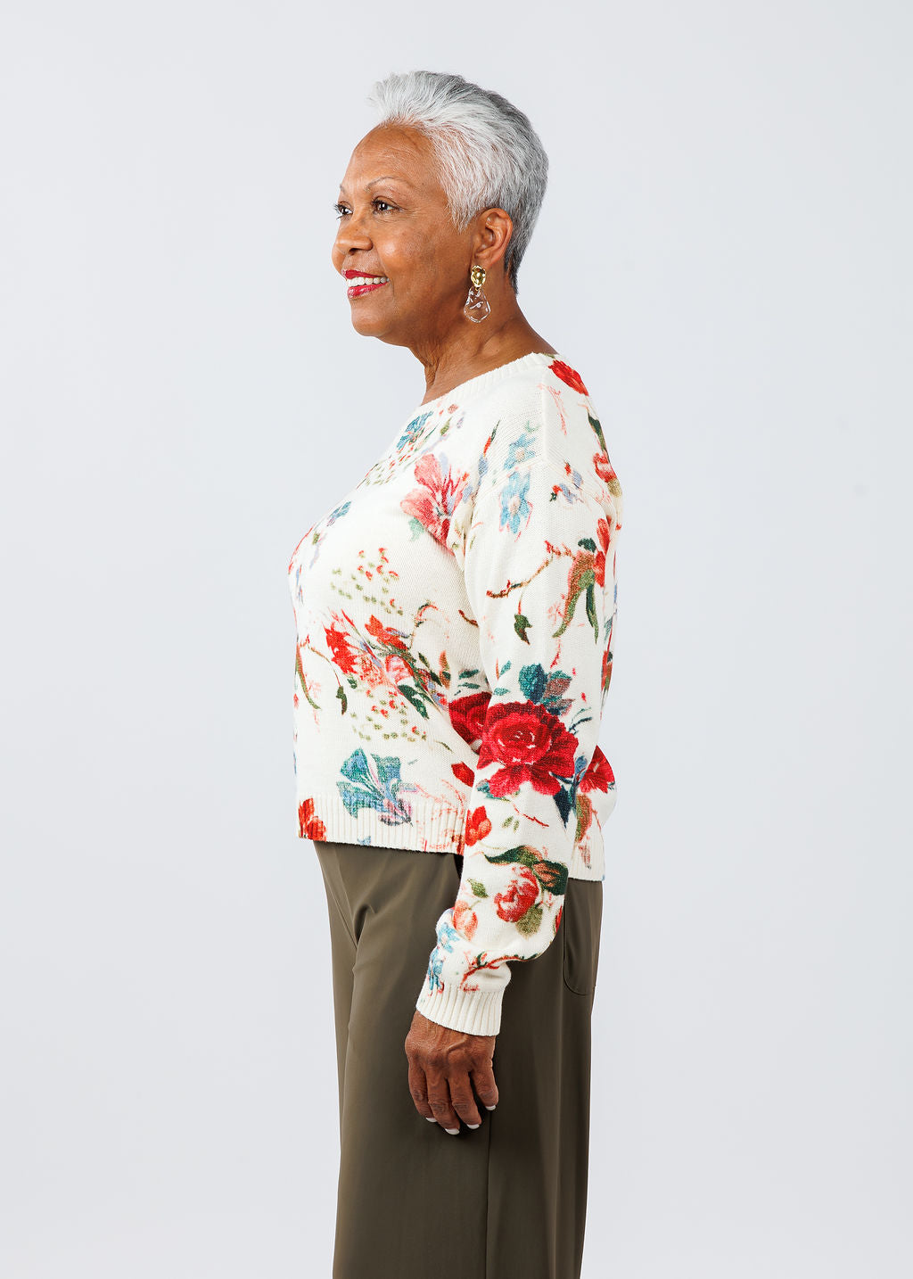 Max Mara Weekend Denis Floral Crew Sweater in White Romantic available at Barbara Katz