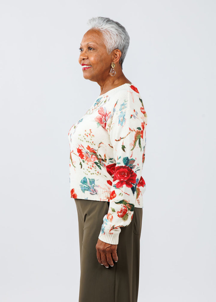 Max Mara Weekend Denis Floral Crew Sweater in White Romantic available at Barbara Katz