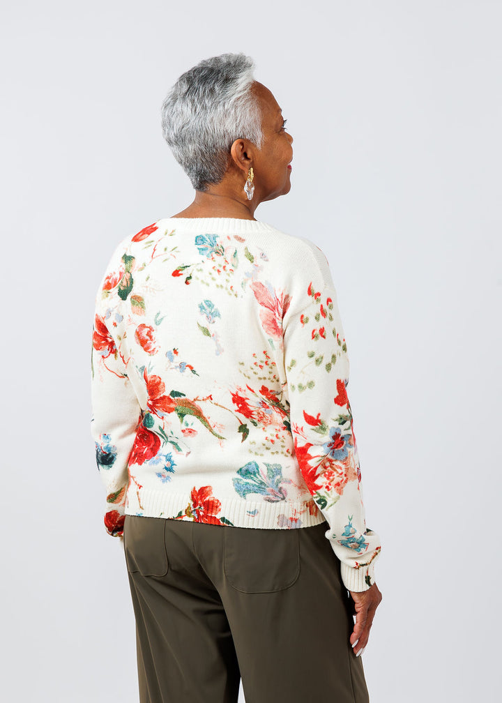 Max Mara Weekend Denis Floral Cotton Sweater in White Romantic available at Barbara Katz