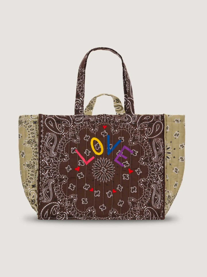 Call It By Your Name Love Maxi Quilted Cabas Tote Bag in Marron/Beige available at Barbara Katz