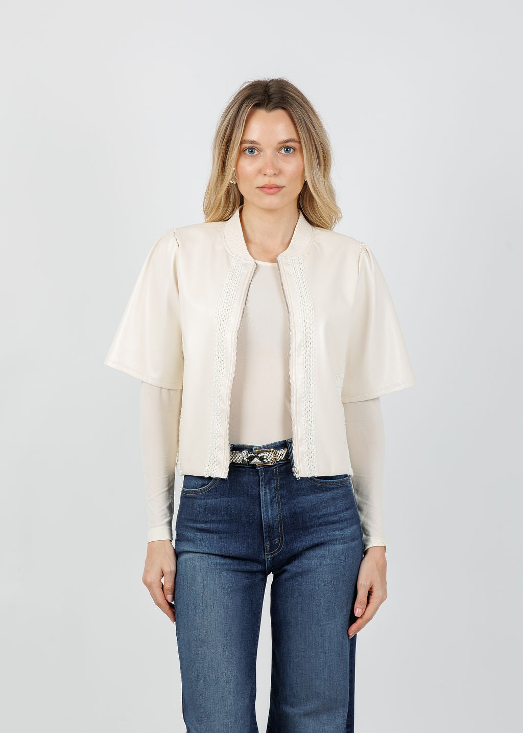 Melissa Nepton Echo Vegan Crochet Zip Jacket in Cream available at Barbara Katz