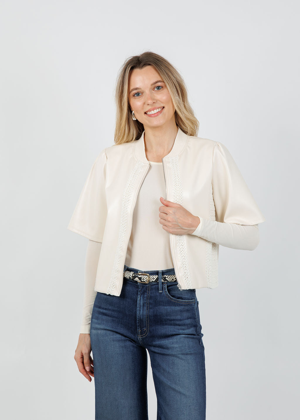 Melissa Nepton Echo Vegan Crochet Zip Jacket in Cream available at Barbara Katz