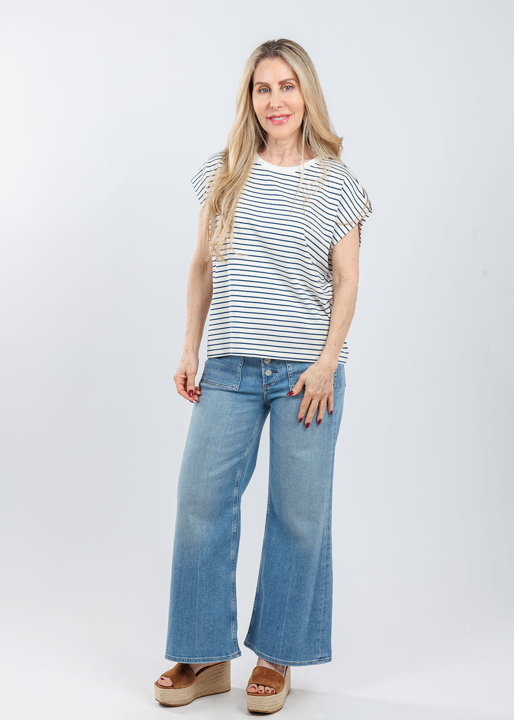 Melissa Nepton Anita Top in Navy Stripe paired with Citizens of Humanity Lyra Patch Pocket Jeans in Splendor available at Barbara Katz