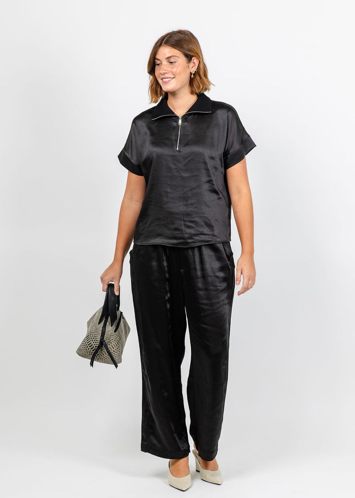 Melissa Nepton Hera Satin Half Zip Top and Colette Satin Pants - Black available at Barbara Katz