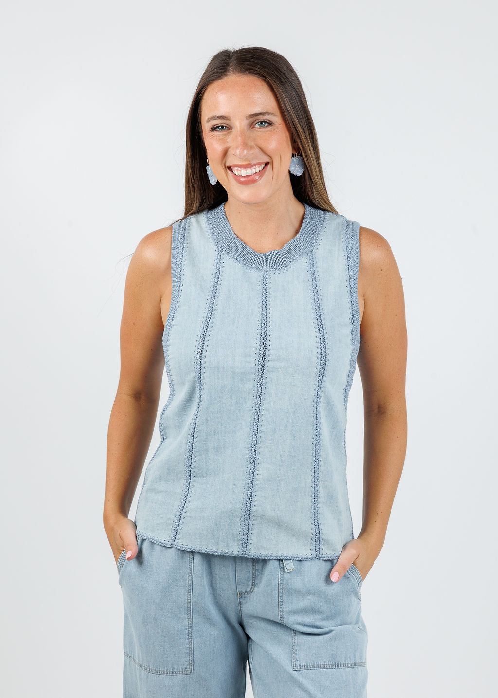 Melissa Nepton Crochet Denim Top in Chambray available at Barbara Katz