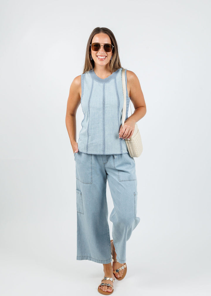 Melissa Nepton Crochet Denim Top in Chambray paired with Melissa Nepton Griffith Cargo Pants in Chambray available at Barbara Katz