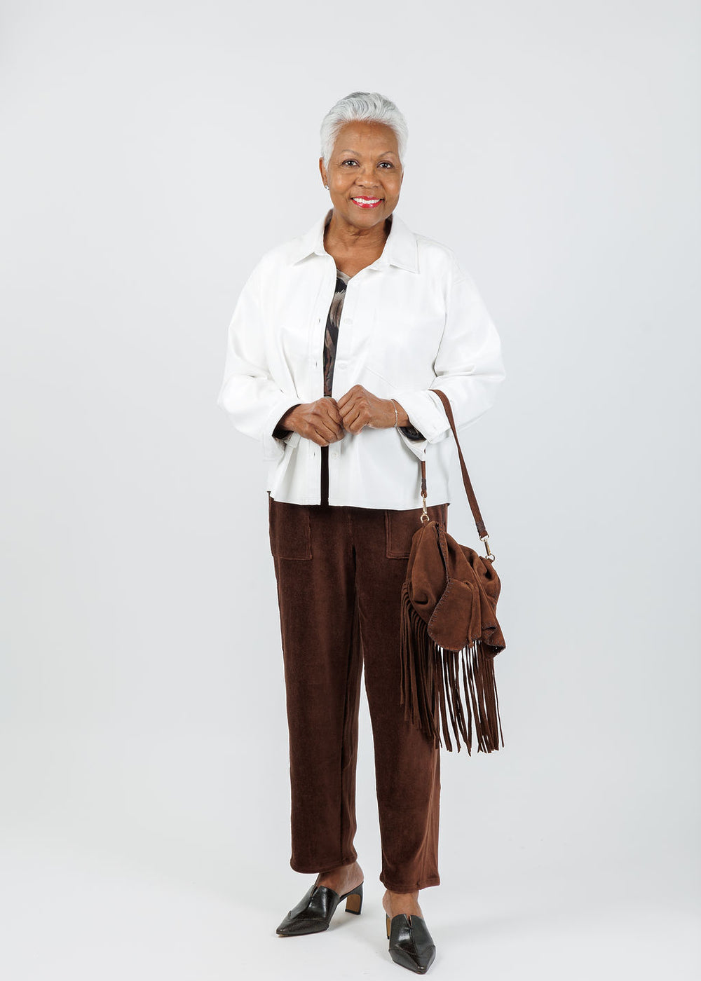 Melissa Nepton Driane Faux Leather Shirt in Off White paired with Lysse Tatum St Baby Cord Barrel Pants available at Barbara Kat