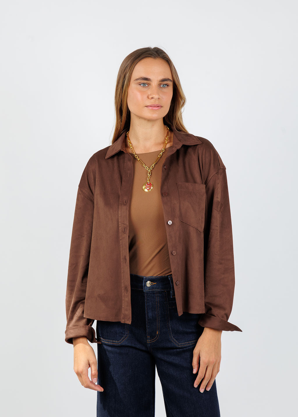 Melissa Nepton Driane Faux Suede Shirt in Brown available at Barbara Katz