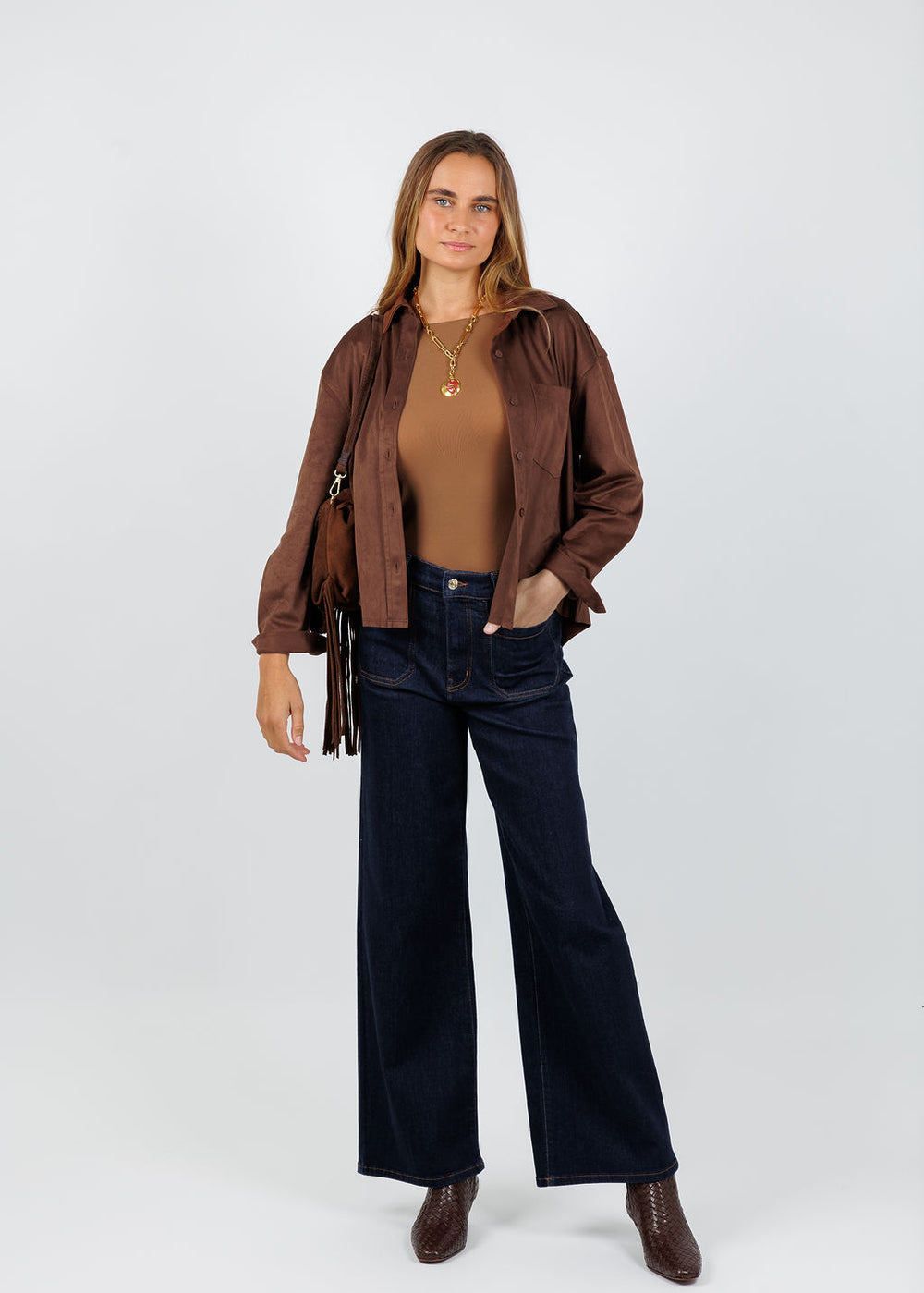 Melissa Nepton Driane Faux Suede Shirt in Brown available at Barbara Katz