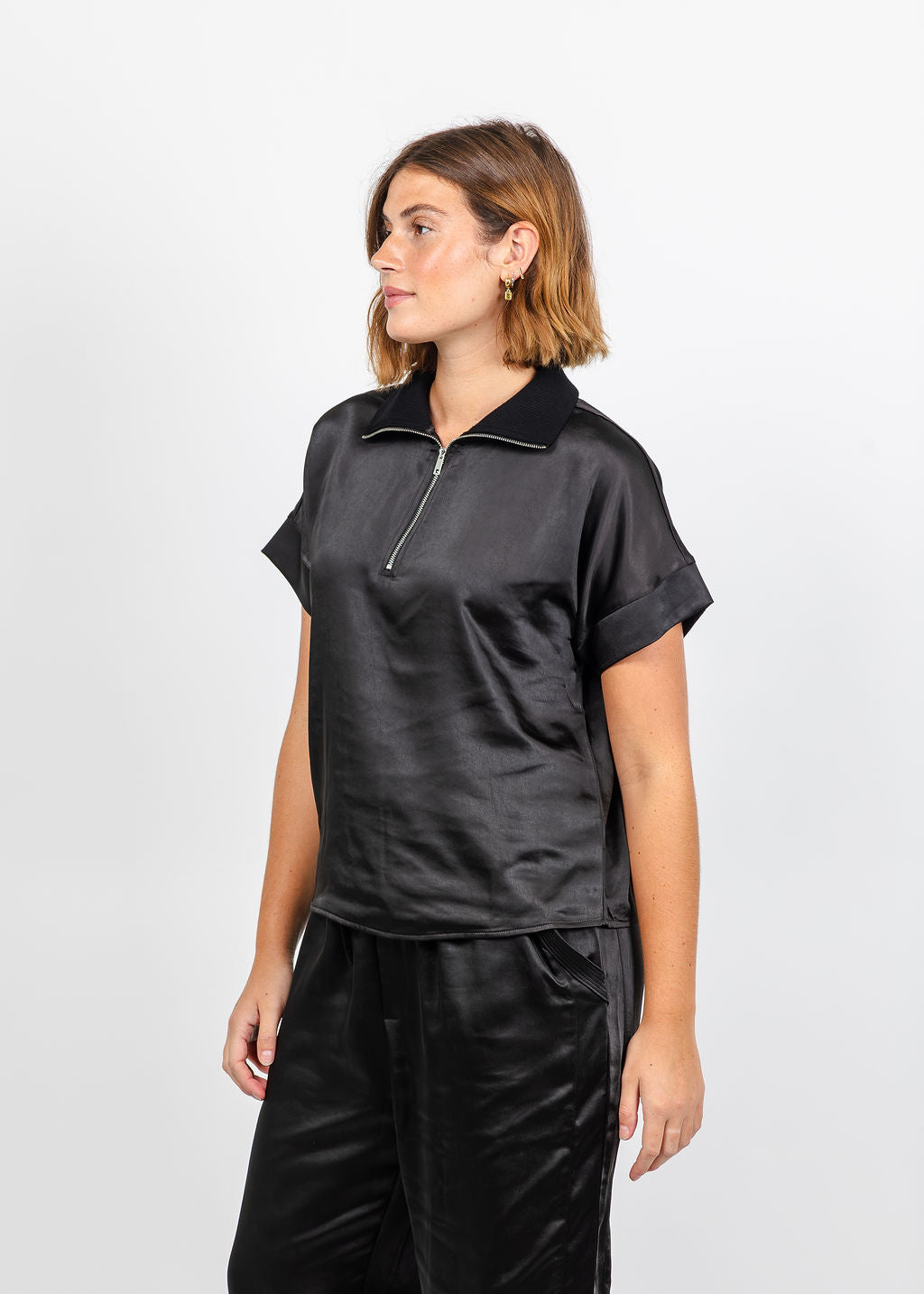 Melissa Nepton Hera Satin Half Zip Top - Black available at Barbara Katz