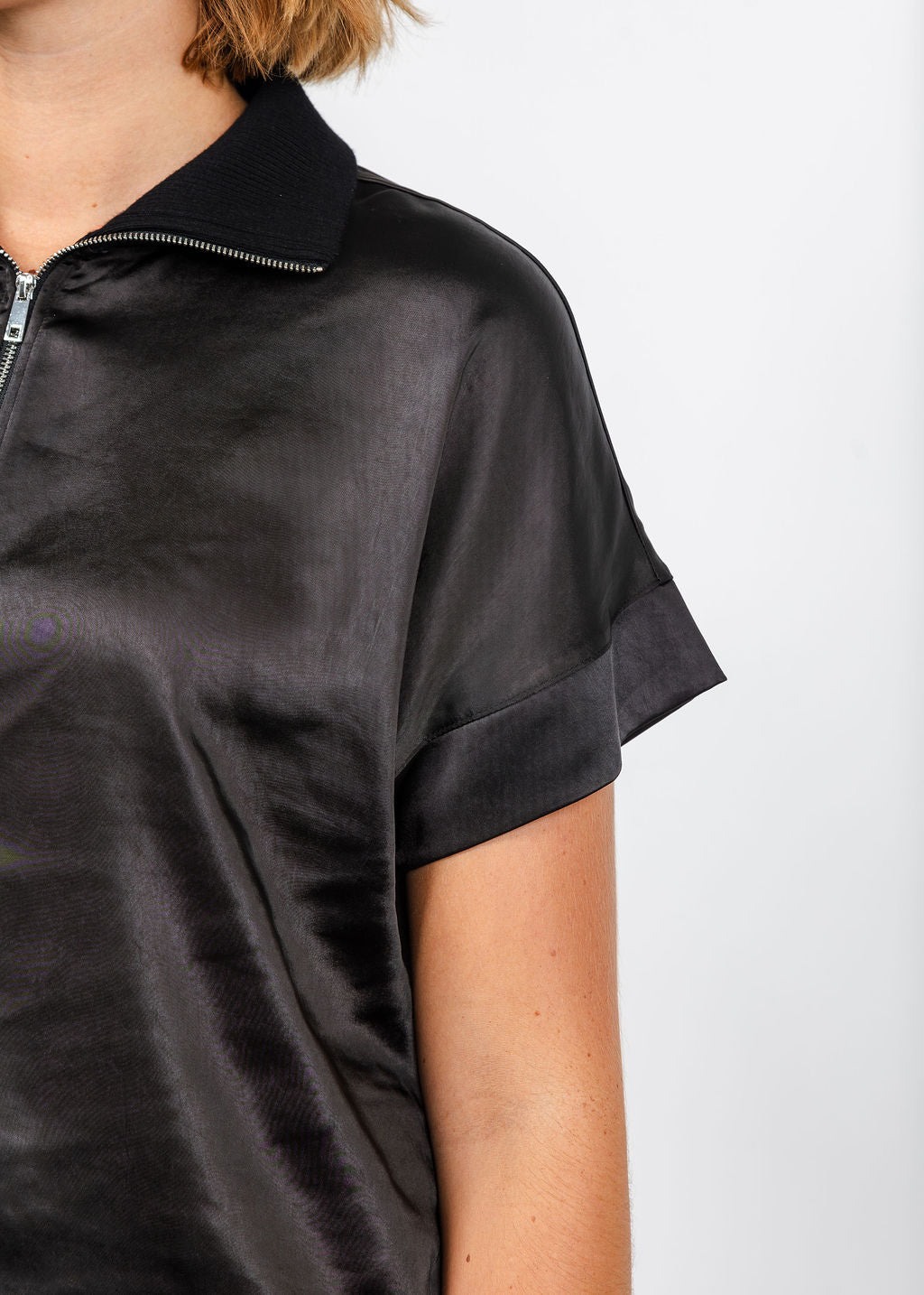 Melissa Nepton Hera Satin Half Zip Top - Black available at Barbara Katz
