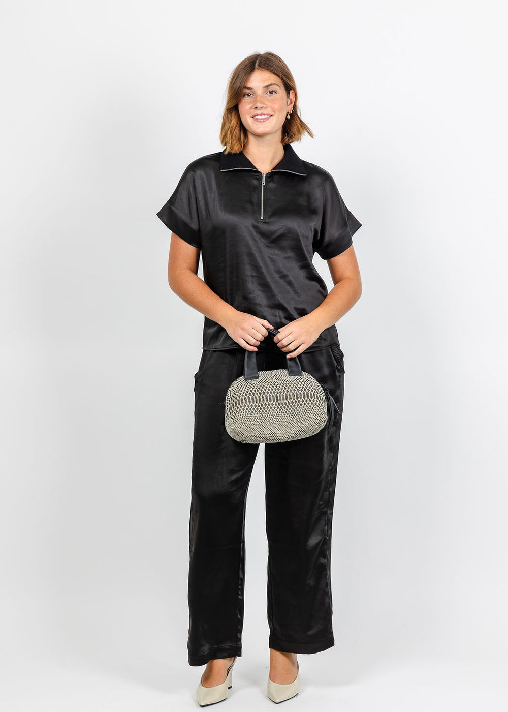 Melissa Nepton Hera Satin Half Zip Top and Colette Satin Pants - Black available at Barbara Katz