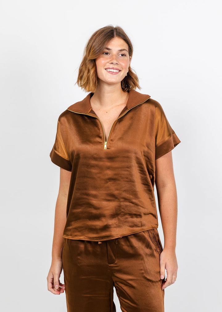 Melissa Nepton Hera Satin Half Zip Top - Chestnut available at Barbara Katz