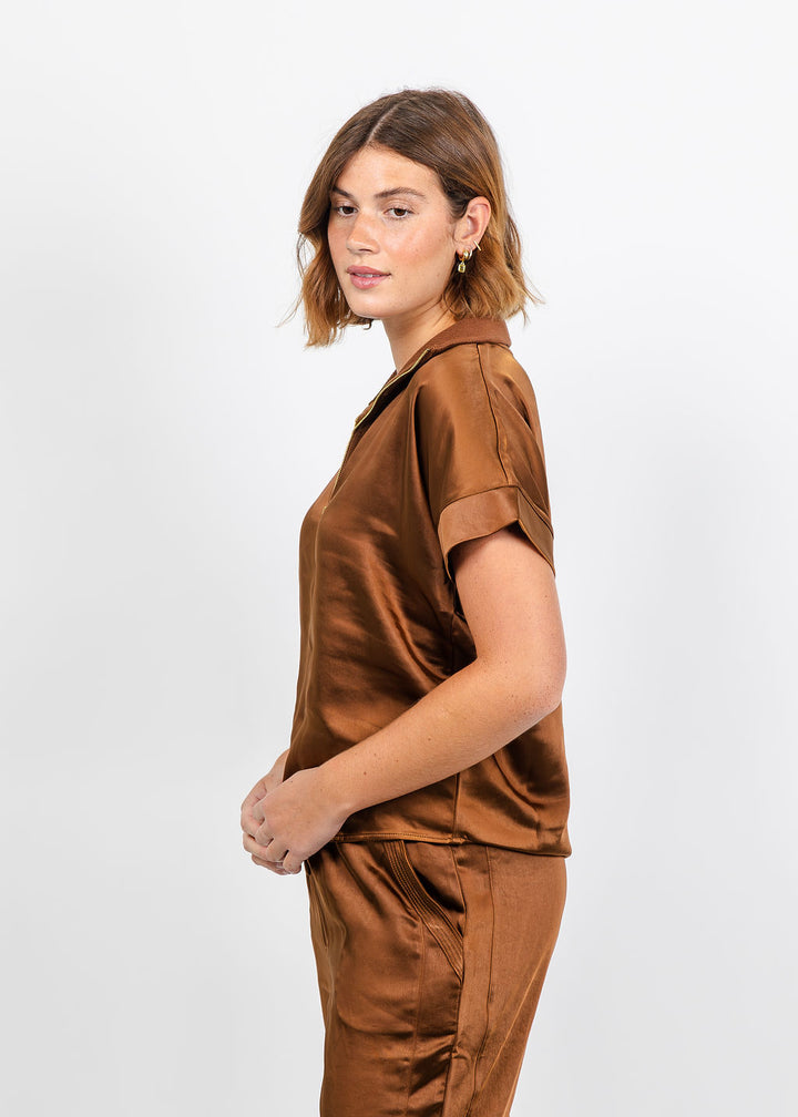 Melissa Nepton Hera Satin Half Zip Top - Chestnut available at Barbara Katz