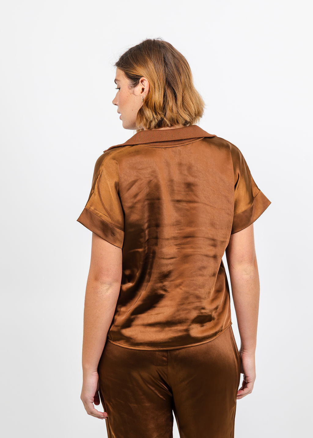Melissa Nepton Hera Satin Half Zip Top - Chestnut available at Barbara Katz