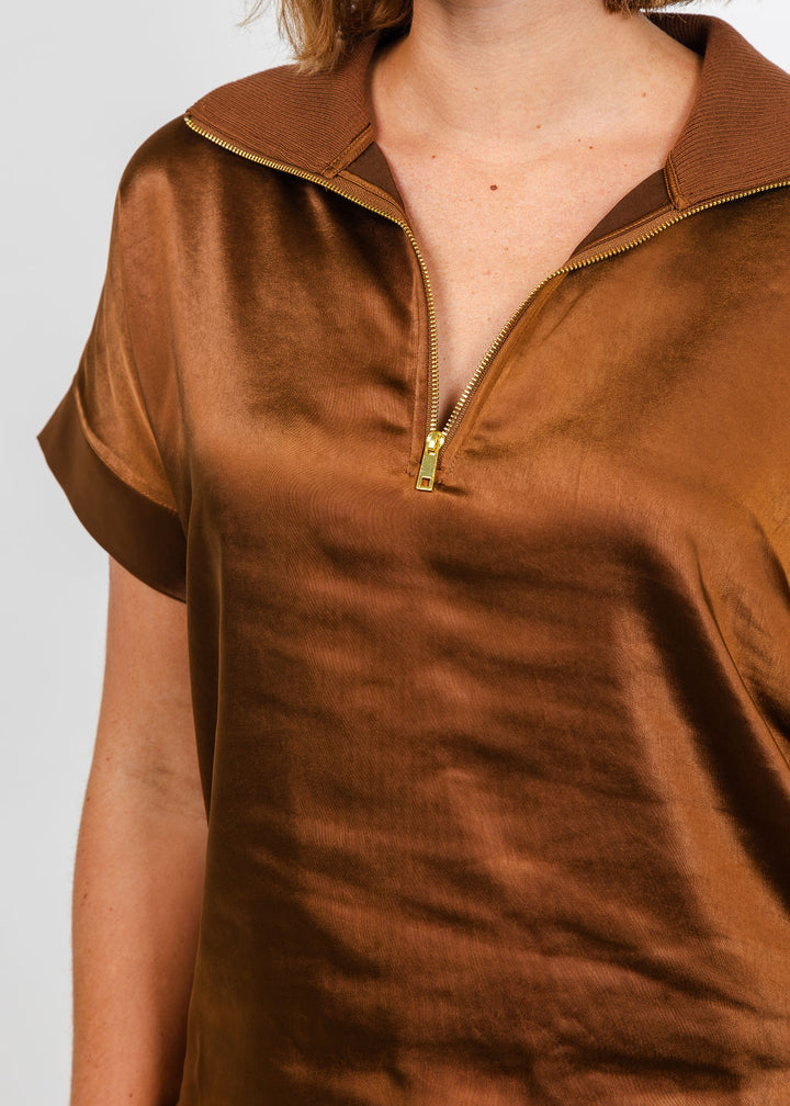 Melissa Nepton Hera Satin Half Zip Top - Chestnut available at Barbara Katz