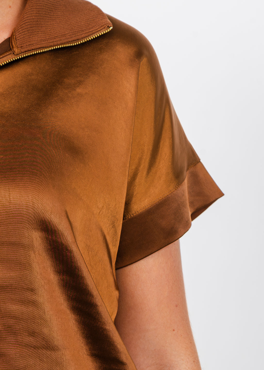 Melissa Nepton Hera Satin Half Zip Top - Chestnut available at Barbara Katz