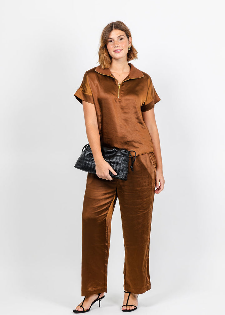 Melissa Nepton Hera Satin Half Zip Top and Colette Satin Pant - Chestnut available at Barbara Katz