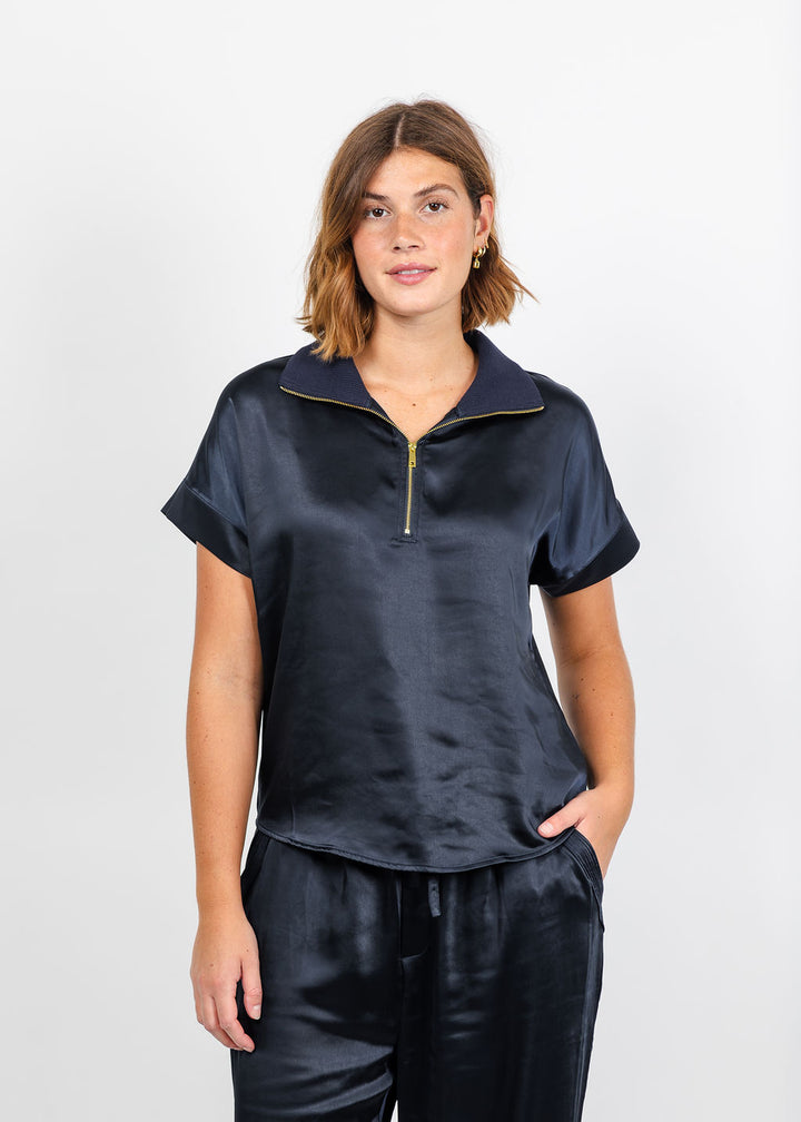Melissa Nepton Hera Satin Half Zip Top - Dark Navy available at Barbara Katz