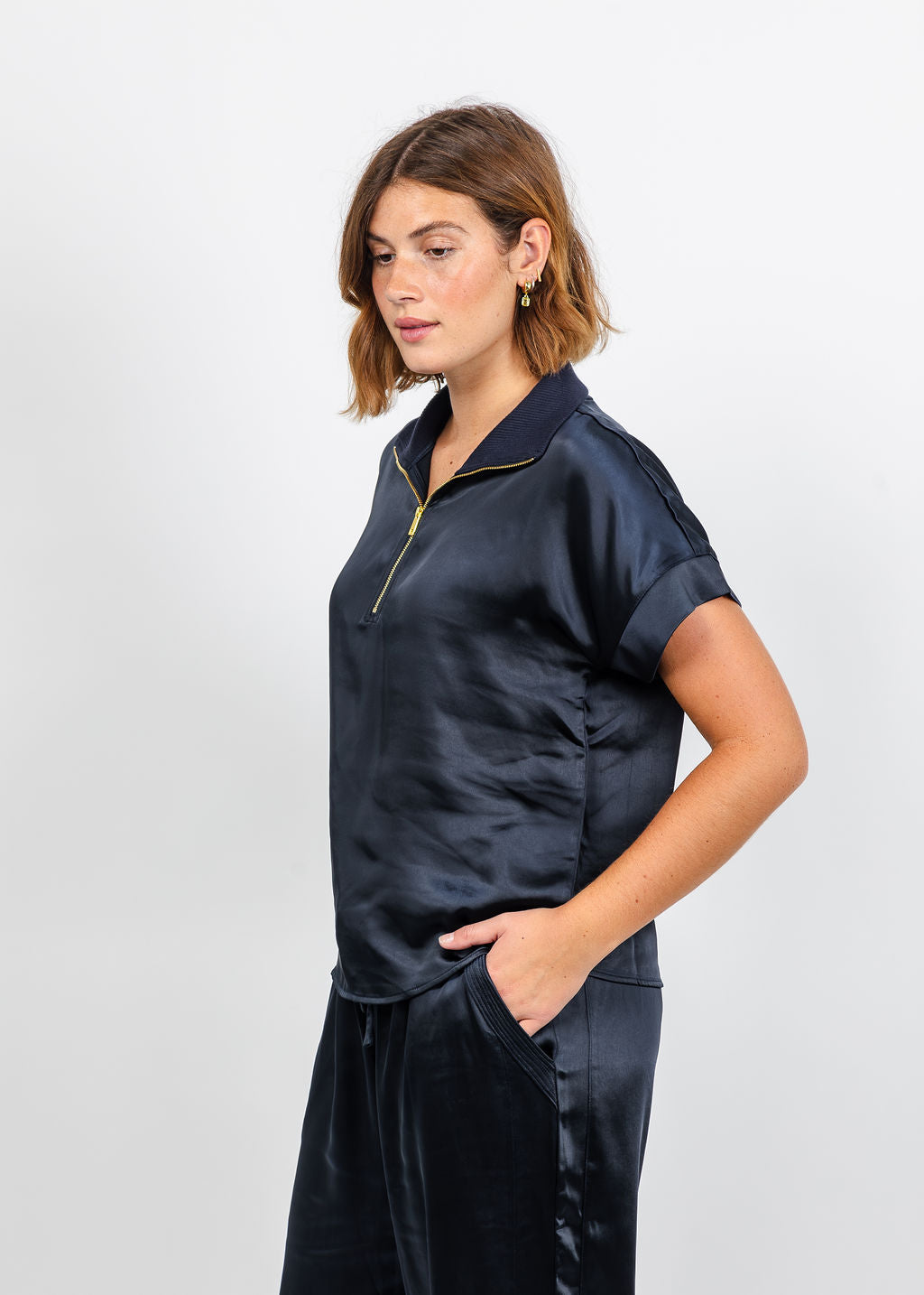 Melissa Nepton Hera Satin Half Zip Top - Dark Navy available at Barbara Katz