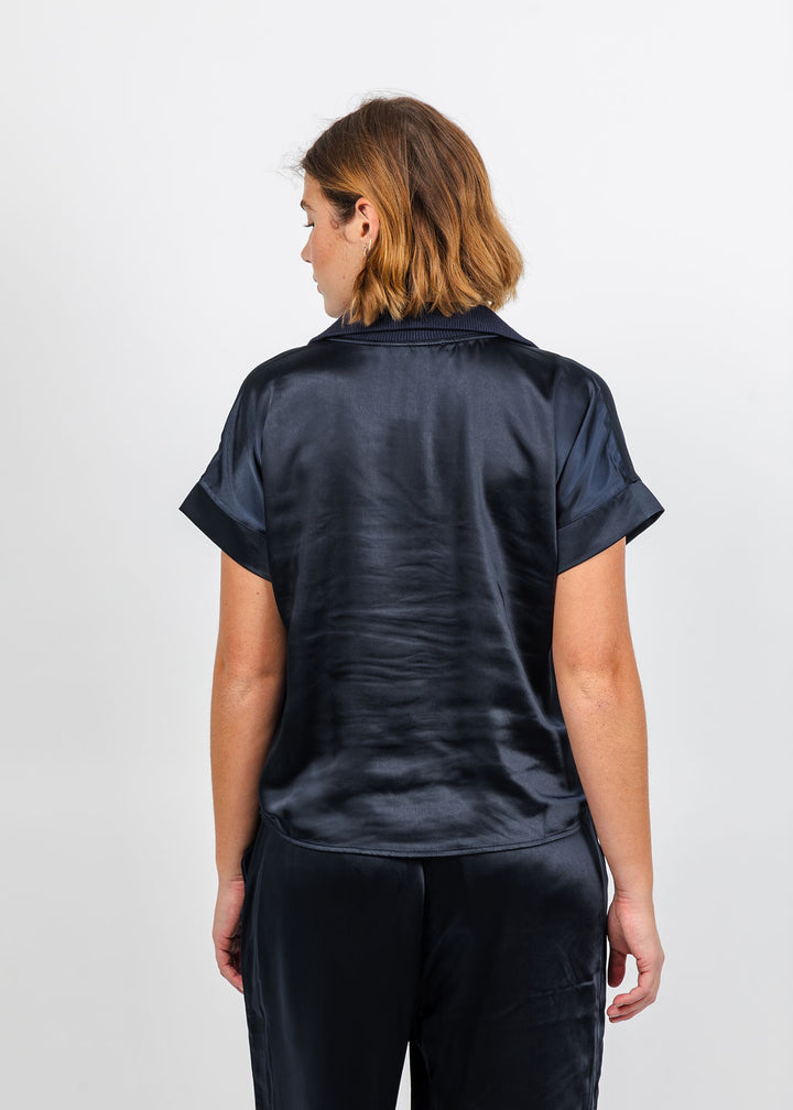 Melissa Nepton Hera Satin Half Zip Top - Dark Navy available at Barbara Katz