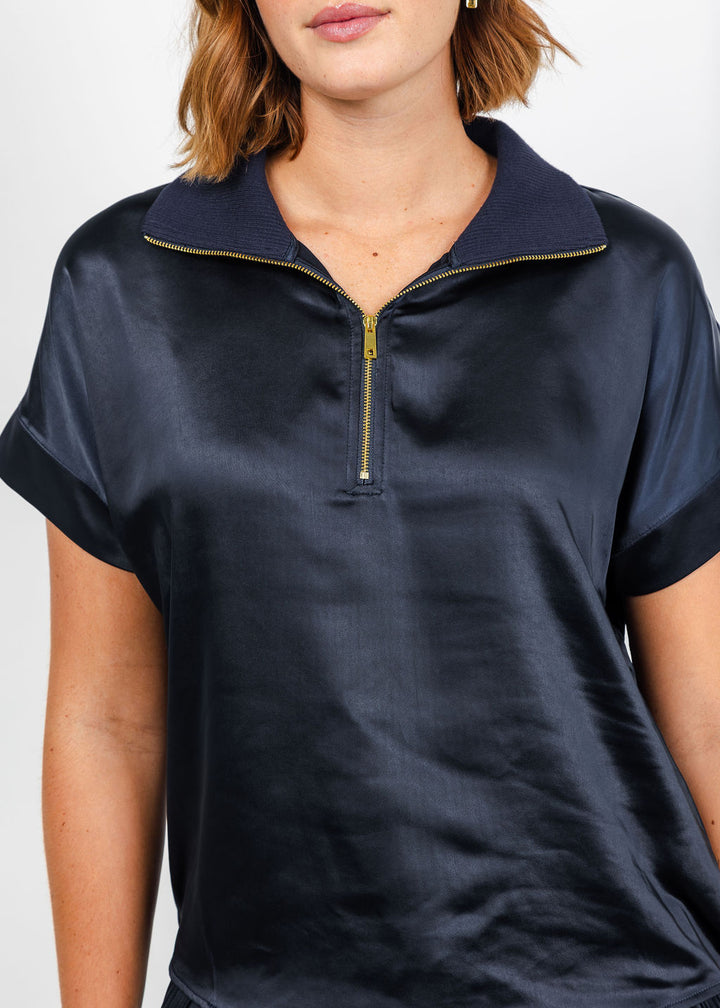 Melissa Nepton Hera Satin Half Zip Top - Dark Navy available at Barbara Katz