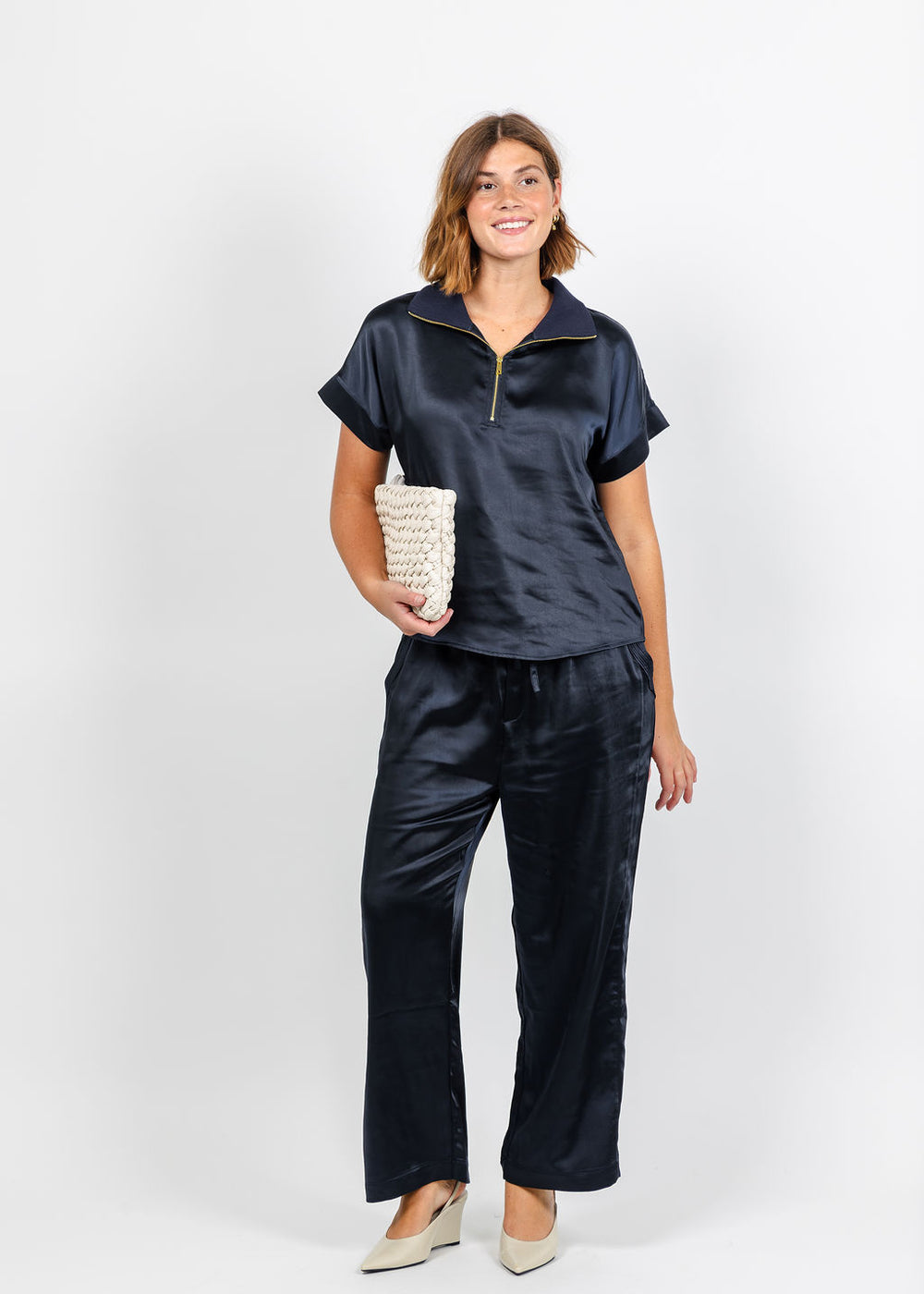 Melissa Nepton Hera Satin Half Zip Top and Colette Satin Pant - Dark Navy available at Barbara Katz
