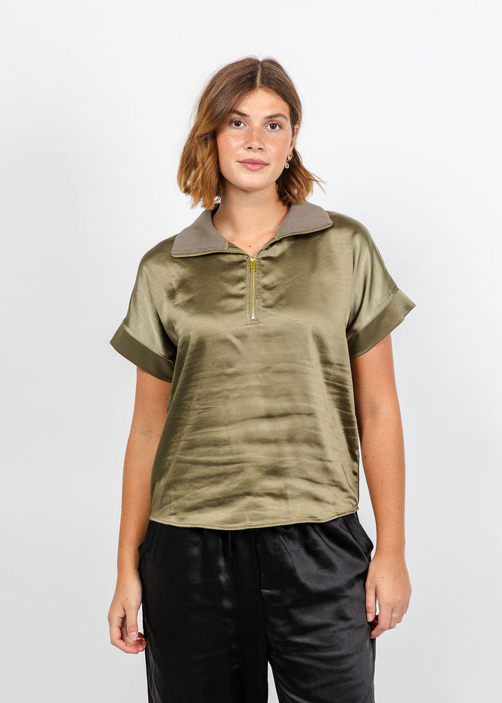 Melissa Nepton Hera Satin Half Zip Top - Medium Khaki available at Barbara Katz