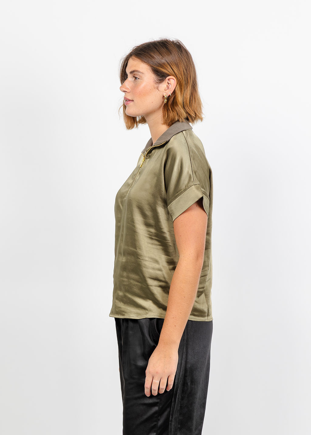 Melissa Nepton Hera Satin Half Zip Top - Medium Khaki available at Barbara Katz