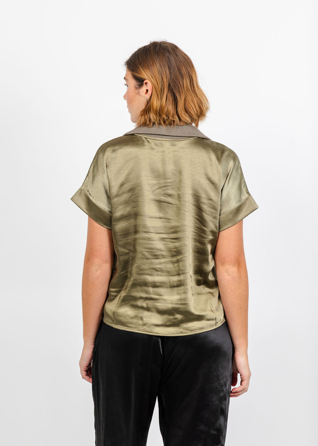 Melissa Nepton Hera Satin Half Zip Top - Medium Khaki available at Barbara Katz