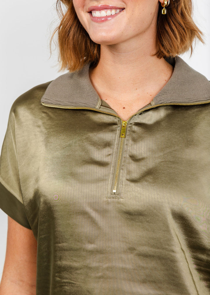 Melissa Nepton Hera Satin Half Zip Top - Medium Khaki available at Barbara Katz
