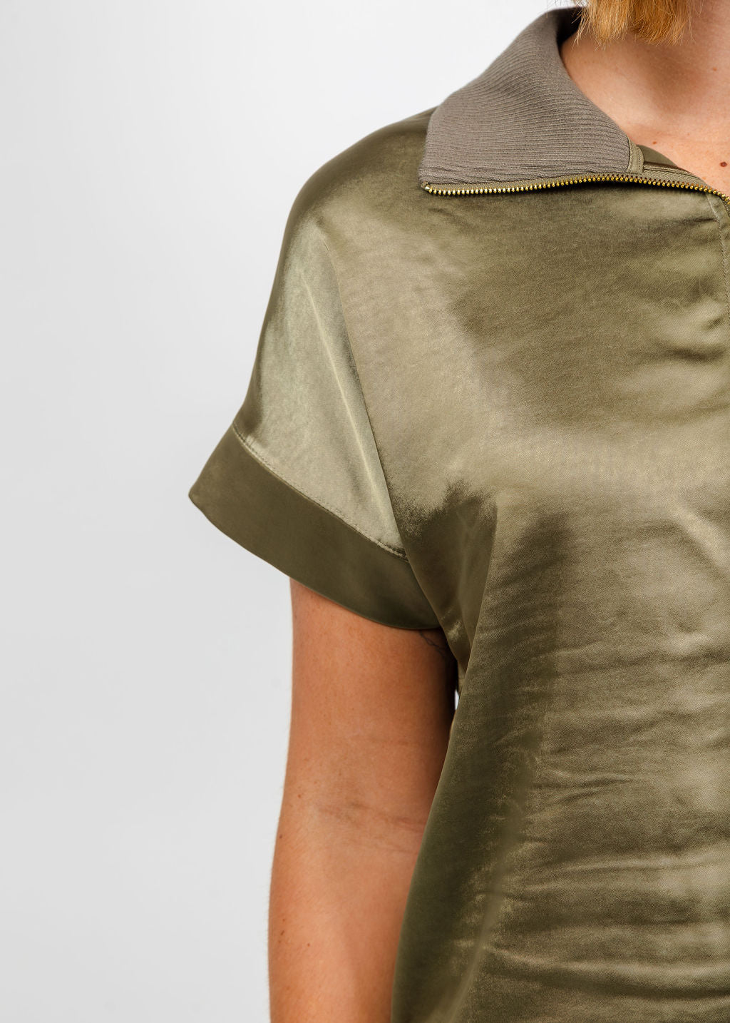 Melissa Nepton Hera Satin Half Zip Top - Medium Khaki available at Barbara Katz