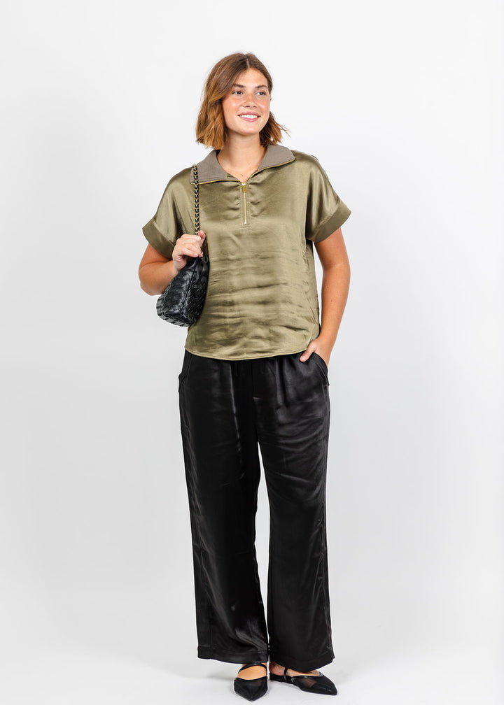 Melissa Nepton Hera Satin Half Zip Top - Medium Khaki available at Barbara Katz