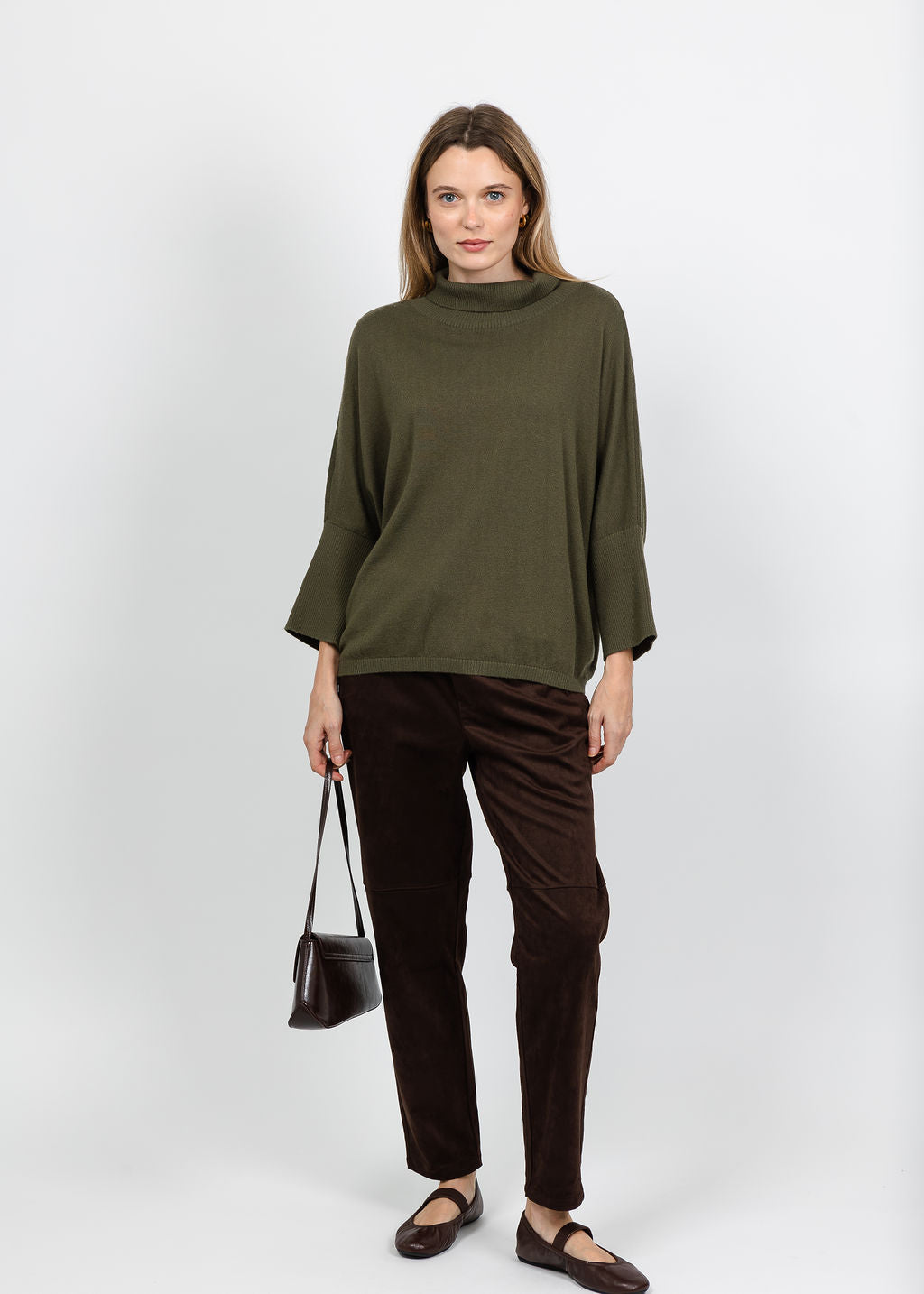 Melissa Nepton Hugo Sweater in Dark Khaki paired with Pablo Suede Jogger in Dark Brown available at Barbara Katz