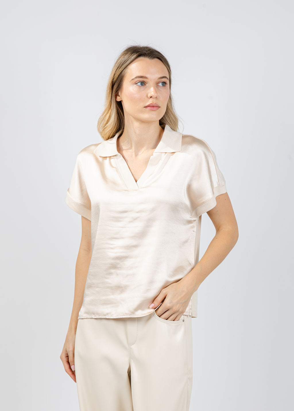 Melissa Nepton Jill Short Sleeve Polo Top in Pearl available at Barbara Katz