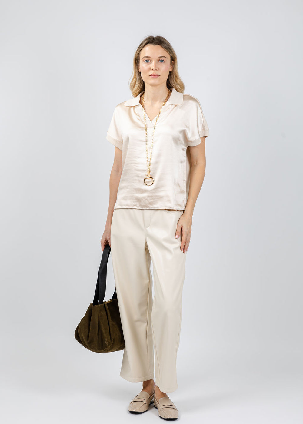 Melissa Nepton Jill Short Sleeve Polo Top in Pearl available at Barbara Katz