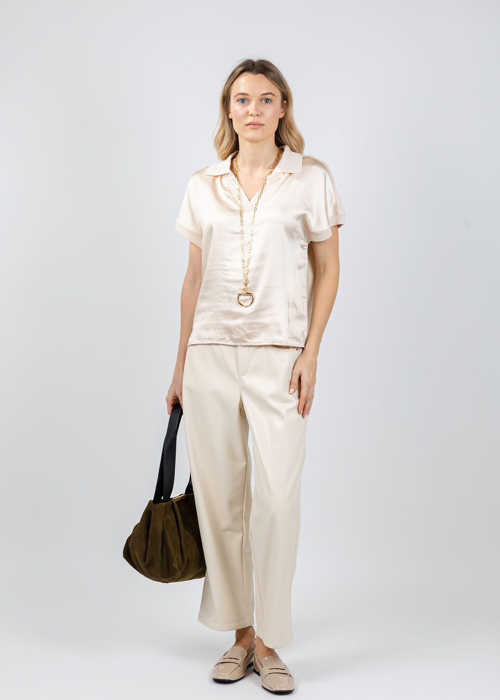 Melissa Nepton Jill Short Sleeve Polo Top in Pearl available at Barbara Katz