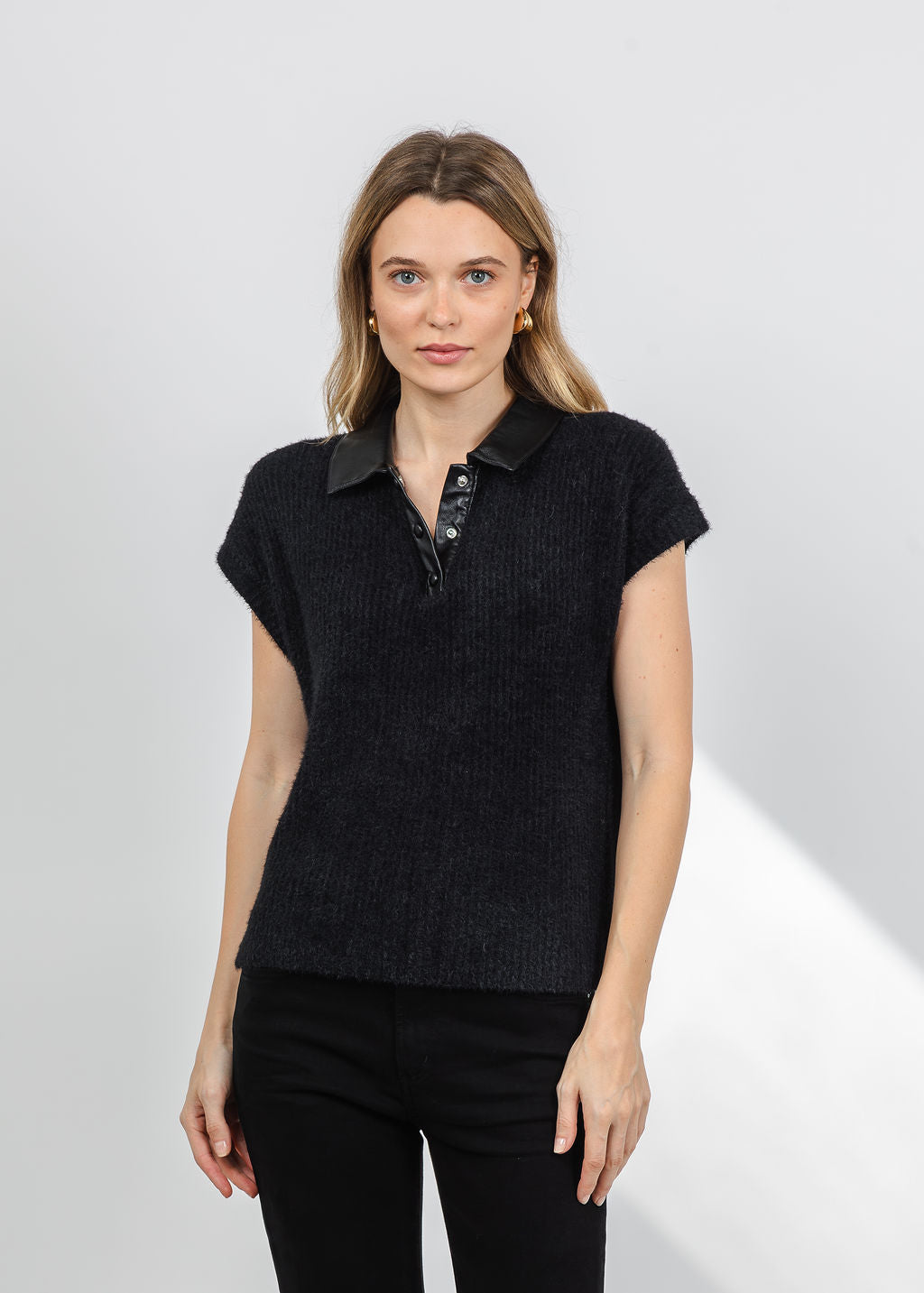 Melissa Nepton Lydie Fuzzy Polo in Black available at Barbara Katz