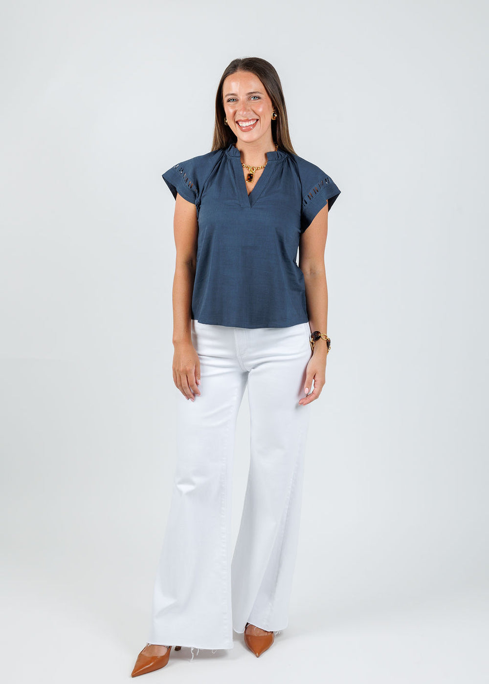 Melissa Nepton Madelya Blouse in Navy  paired with Pistola Izzy Wide Leg Jeans in White available at Barbara Katz