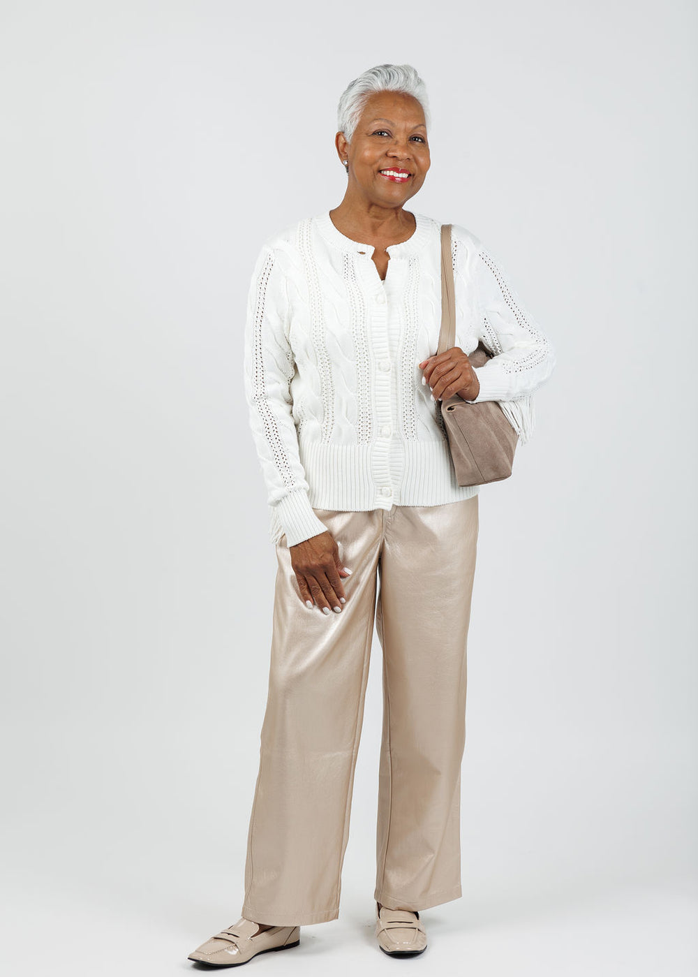 Whisper by Brodie Hazel Fringe Cardigan in Ivory paired with Melissa Nepton Melissa Nepton Morela Pants in Metallic Pearl available at Barbara Katz