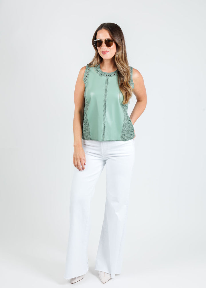 Melissa Nepton Naru Tank Top in Green paired with Pistola Izzy High Rise Wide Leg Jeans in White available at Barbara Katz