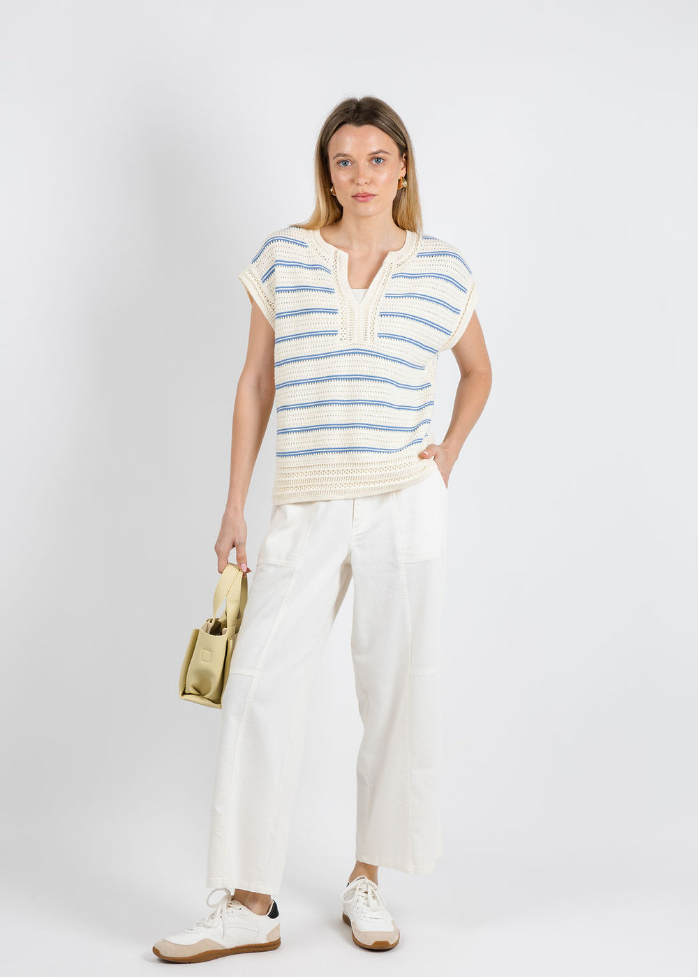 Melissa Nepton Teresa Sweater in Cream Blue paired with Melissa Nepton Lilou Pants in Off White available at Barbra Katz