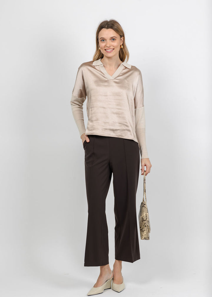 Melissa Nepton Tina Polo Top in Sand paired with Cambio Cameron Pull-On Crop Pant in Dark Choco available at Barbara Katz