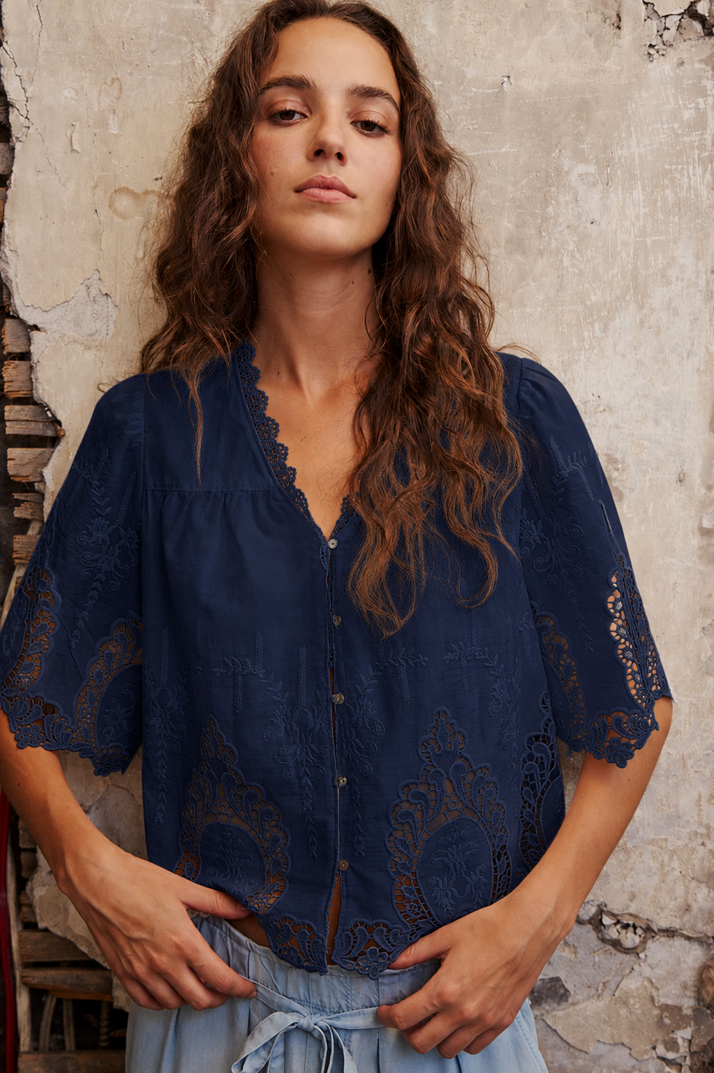 Melissa Nepton Maoli Lace Blouse in Navy available at Barbara Katz