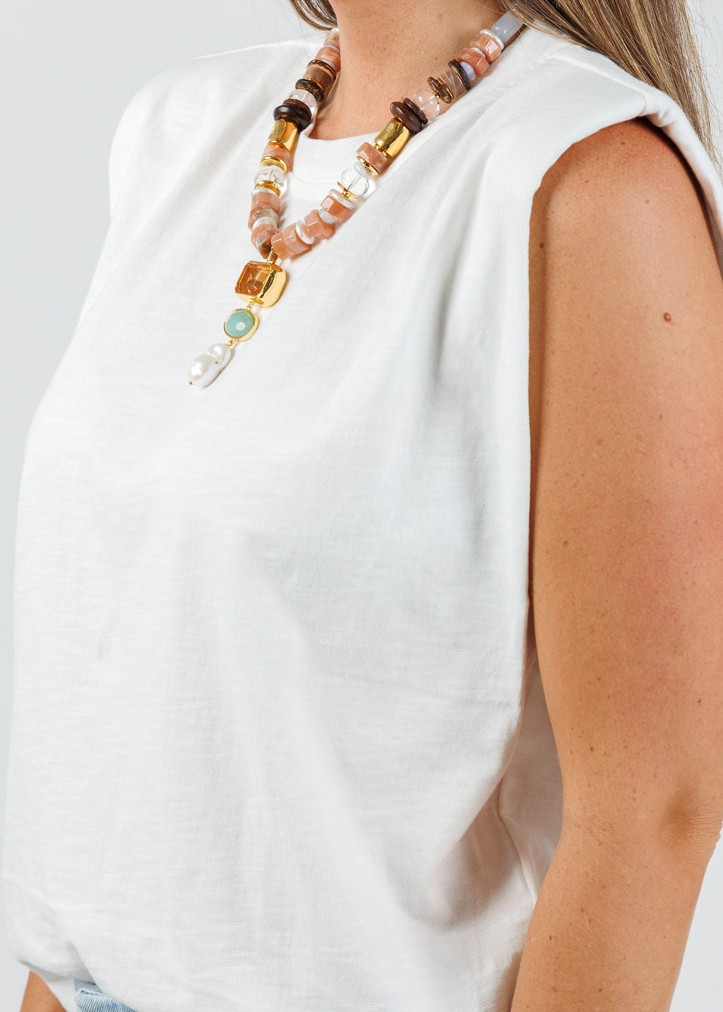 Melissa Nepton Sherin Padded Muscle Tee in White with Lizzie Fortunato Necklace available at Barbara Katz