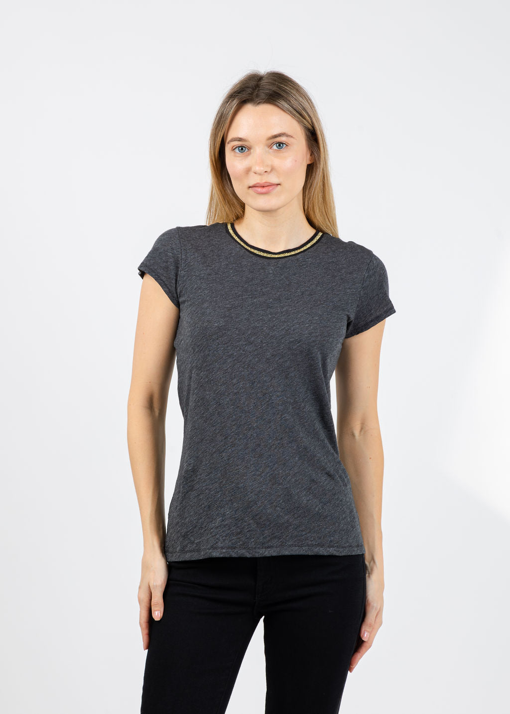 Metallic Gold Tipped Ringer Tee in Charcoal Heather available at Barbara Katz