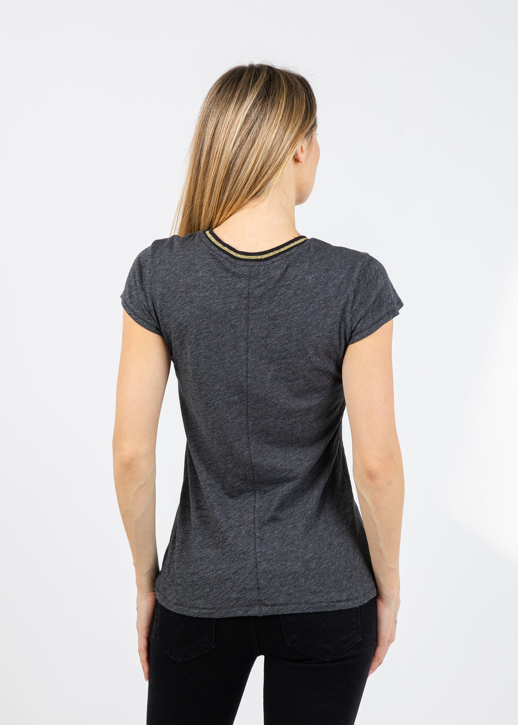 Metallic Gold Tipped Ringer Tee in Charcoal Heather available at Barbara Katz
